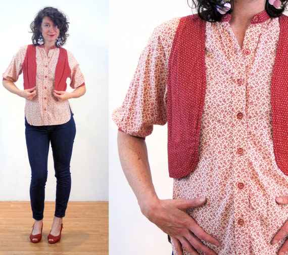 70s Calico Blouse and Vest Set S, Vintage Red Pra… - image 1