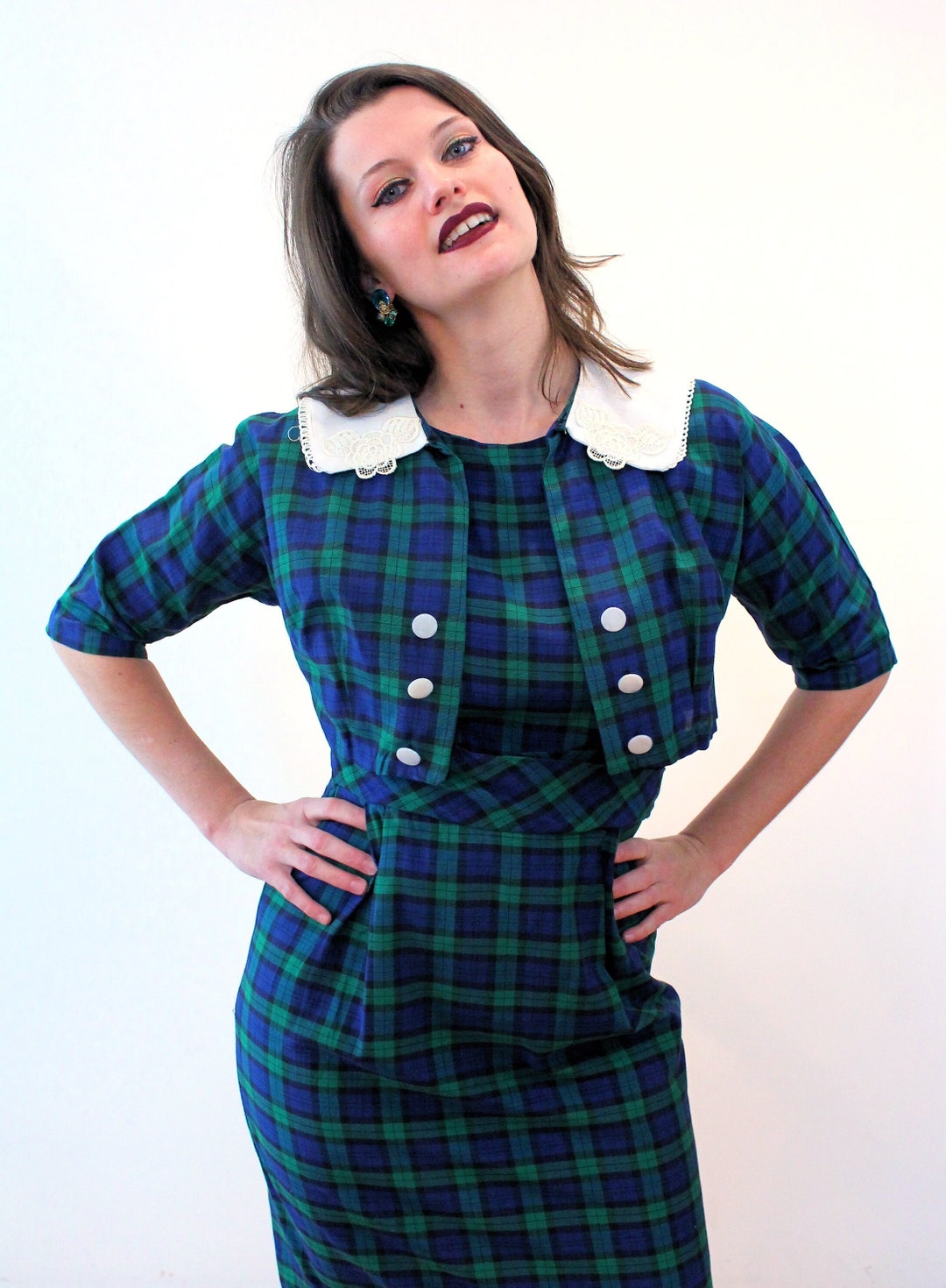 50s Tartan Dress Jacket Set S M Vintage Blue Green Plaid Sleeveless Sheath Linen Collar Cropped Bolero MCM Prim Twee Outfit Small Medium