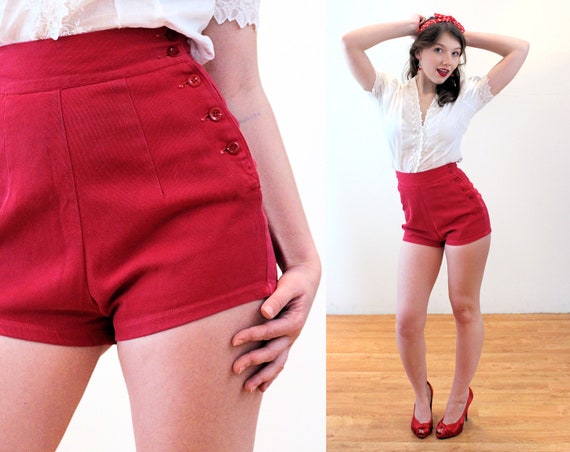 40s Red Jantzen Shorts XS, Cotton Twill Side Butto