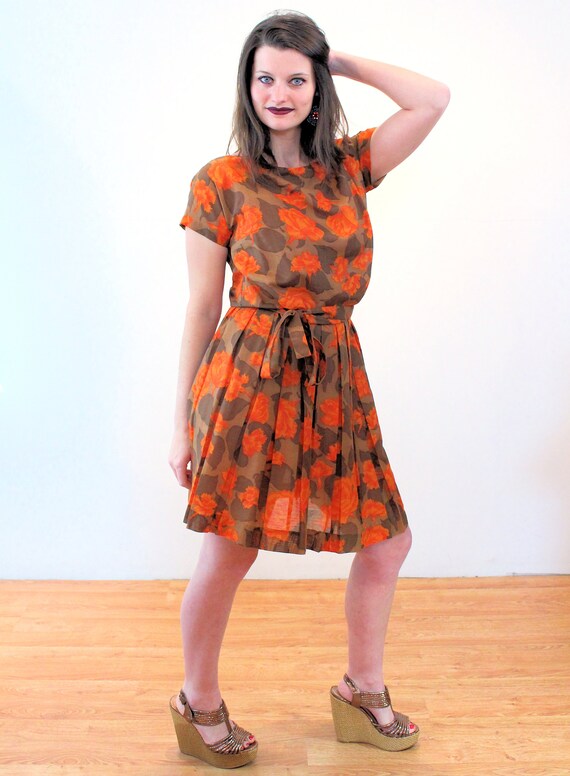 60s Autumn Floral Dress S, Vintage Orange Brown P… - image 4