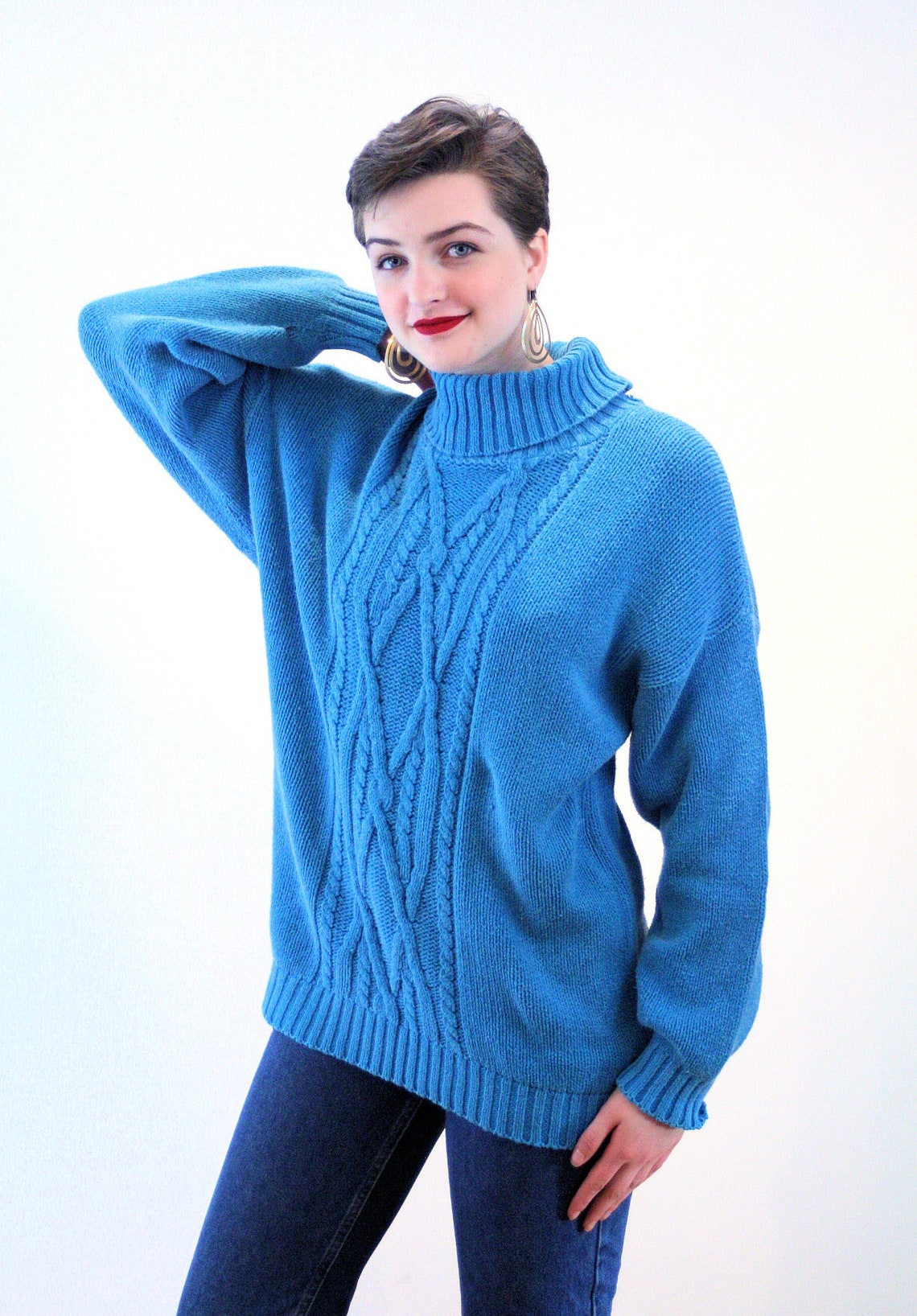 80s Blue Turtleneck Sweater L XL Vintage Oversized Cotton | Etsy