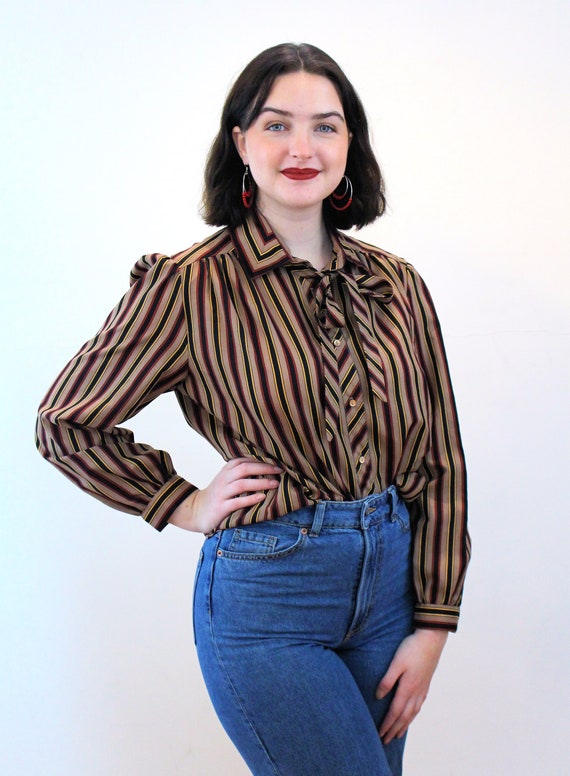 Vintage 80s Pussy Bow V Neck Blouse with StripesGeometric Pattern Size L UK 16