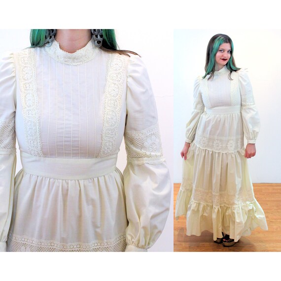 70s Gunne Sax Prairie Dress S M, Vintage Cream Cr… - image 1