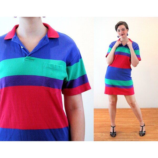 80s Ralph Lauren T-Shirt Dress M, Vintage Blue Green Red Rugby Striped Cotton Sporty Preppy "RL Polo" Pullover Shirtdress, Medium