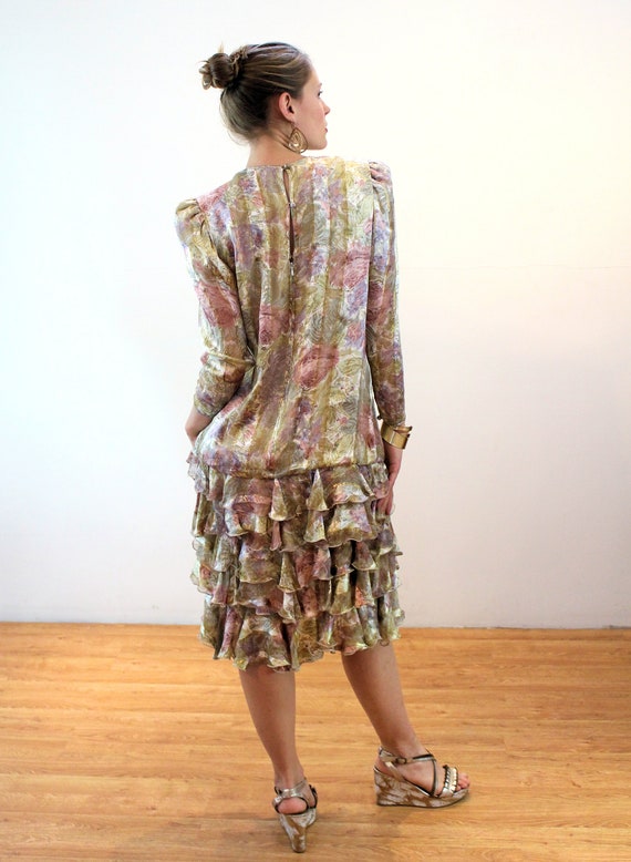 80s Couture Silk Dress M, Vintage Pastel Gray Pin… - image 4