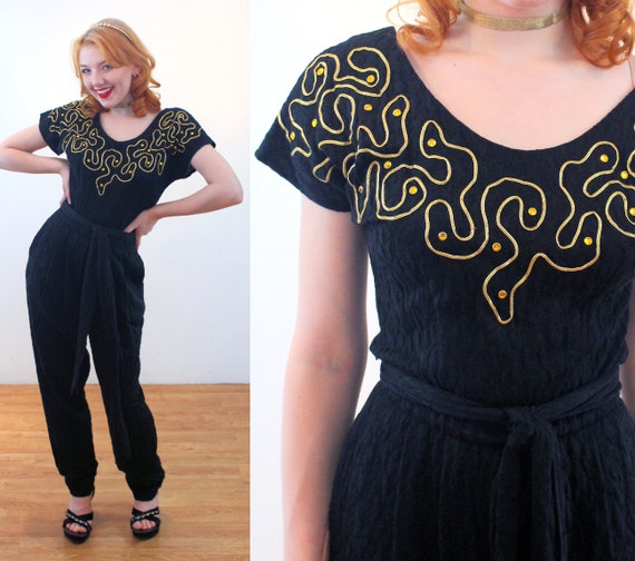 80s Black Gold Jumpsuit XS Vintage Rhinestones Embellished Mob Wife Glam Jersey Knit or lee Pants Romper One Piece Extra Small Etsy