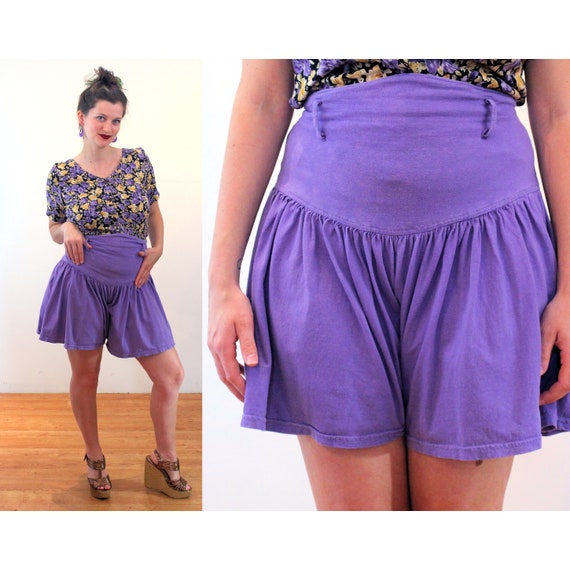 70s Paper Bag Waist Shorts M, Vintage Purple Cott… - image 1