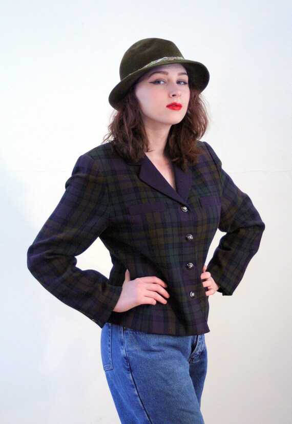 80s Boxy Plaid Jacket M, Vintage Dark Purple Gree… - image 2