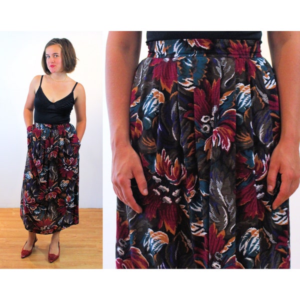 80s Dark Tropical Print Skirt S, Vintage Deep Green Fuchsia Floral "Plymouth!" Boho Long Rayon Midi Skirt, Small