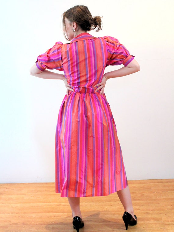 70s Pink Orange Striped Dress XS, Bright Satin Vintag… - Gem