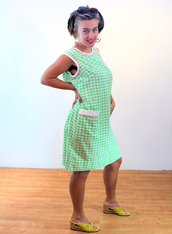 70s Checkered Scooter Dress L XL, Vintage Green W… - image 2