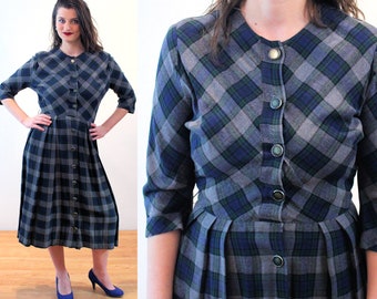 40s Tartan Plaid Day Dress M, Vintage Gray Wool "Kay Dunhill" Fit 'N Flare 1940s 50s Retro Dress, Medium