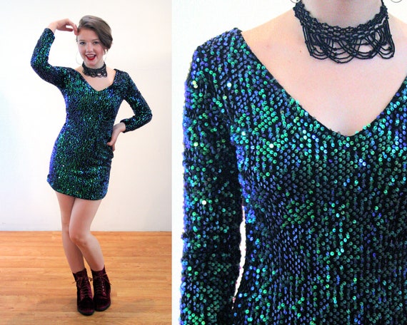 90s Green Sequin Tube Dress XS Vintage 