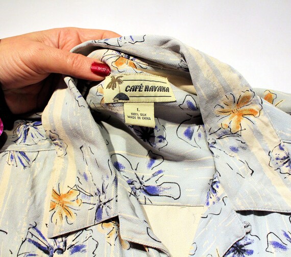 Y2K Silk Aloha Shirt L XL, Vintage Blue Washable … - image 6