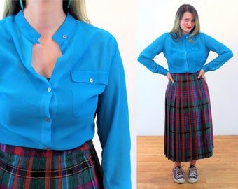 80s Blue Chiffon Blouse M, Vintage Turquoise Sheer "Upper Class" See Through Classic Button Up Shirt, Medium