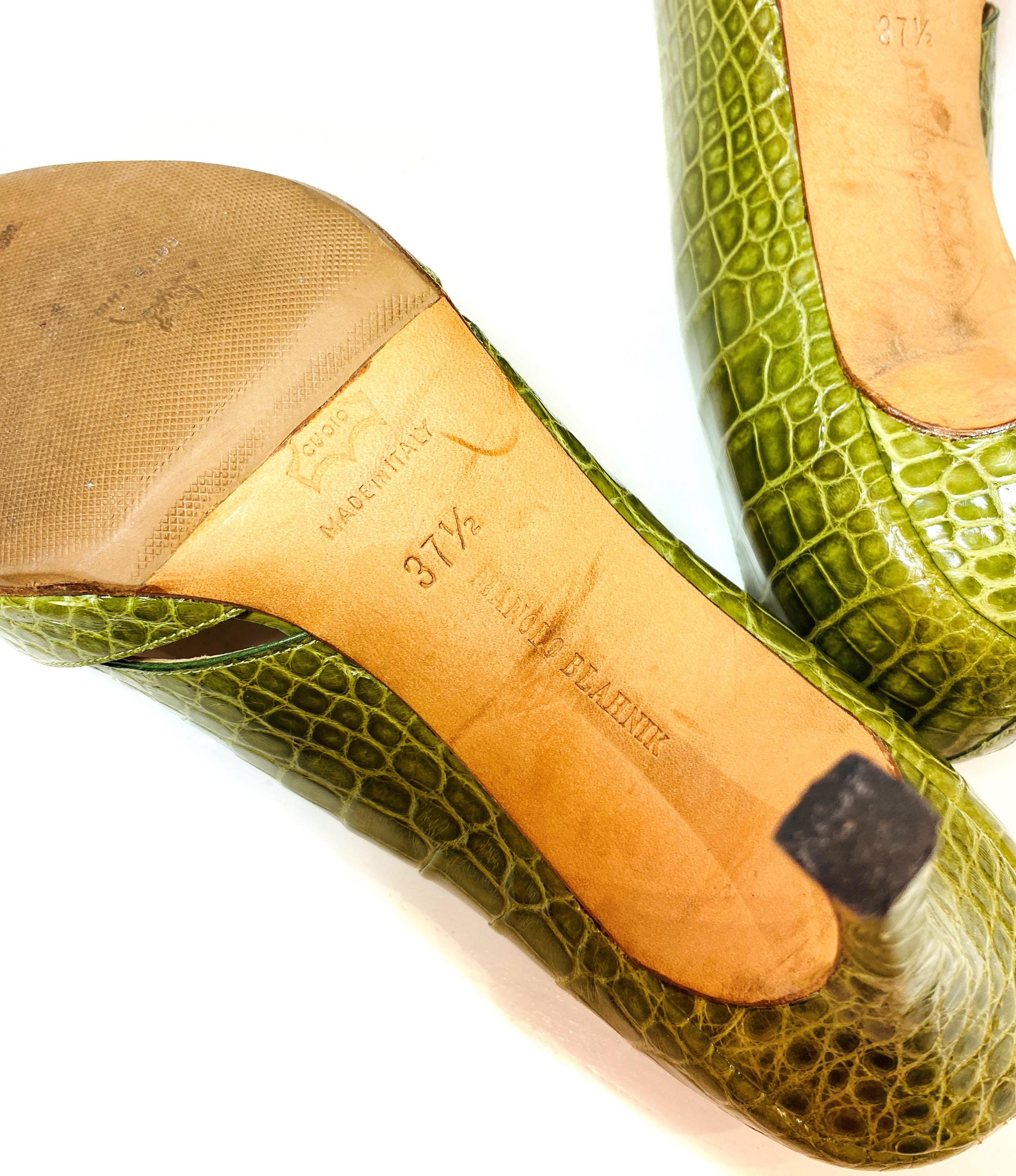 Y2K Manolo Blahnik Green Alligator Pumps 37.5, Vintage Leather