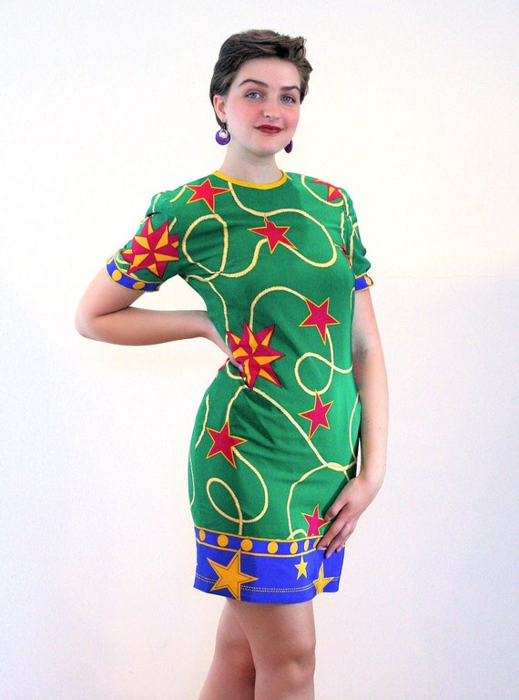 80s Silk Star Print Dress M, Vintage Green Bright… - image 2