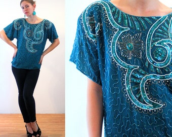 80s Beaded Silk Top M L, Vintage Green Teal Sequin Glam "Exotica" Deco Iridescent India Gatsby Party Blouse, Medium Large