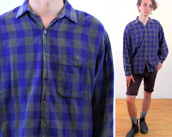 80s GAP Purple Flannel Shirt L XL, Vintage Distressed Buffalo Plaid Made in Portugal Cotton Unisex Grunge Button Up, Large or Extra Large