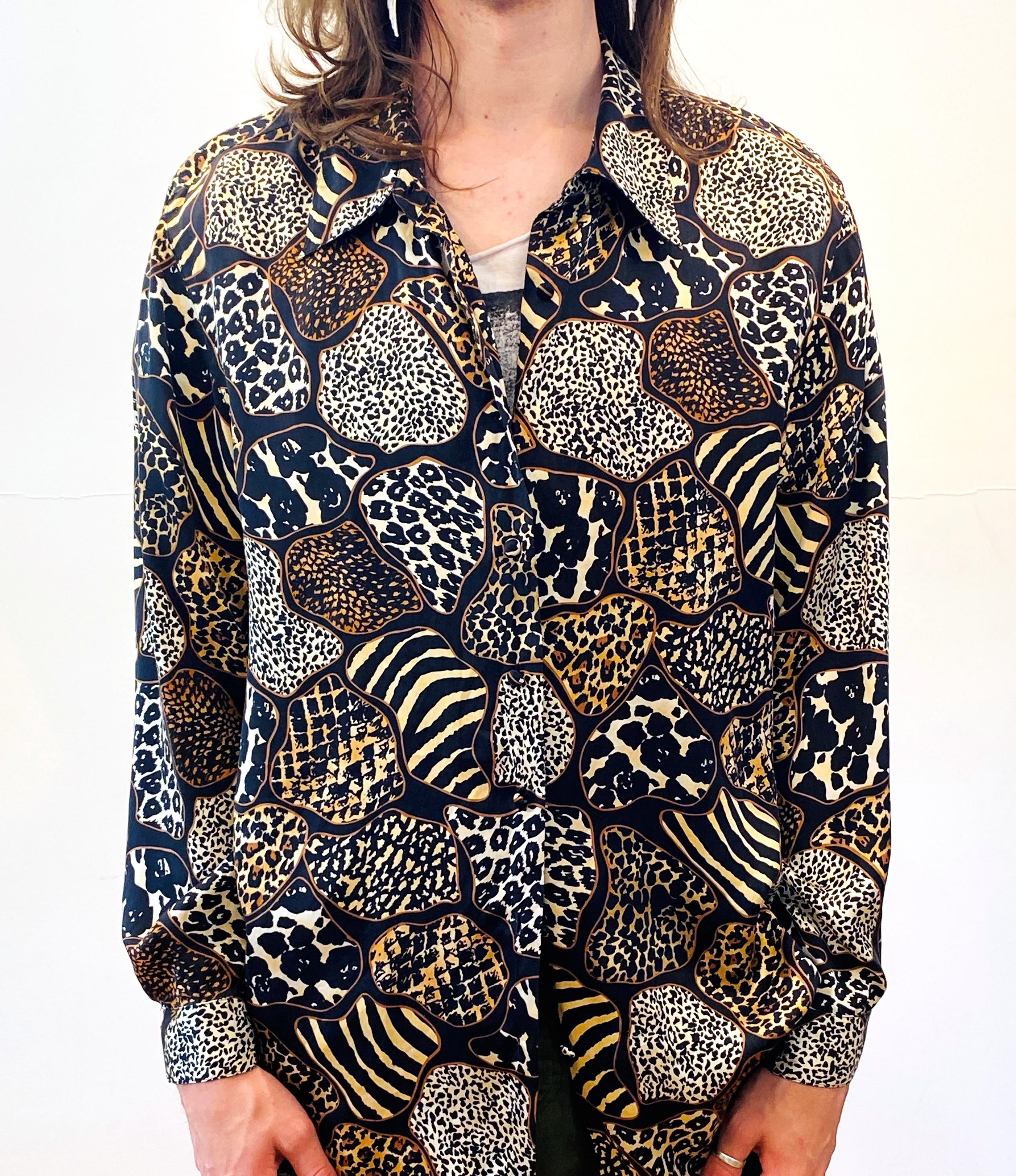 90s Silk Leopard Print Blouse L XL, Vintage Jessica Holbrook