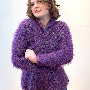 90s Purple Mohair Cardigan S, Vintage Flecked Colorful Fluffy Soft Fuzzy Chunky Warm Angora Knit Sweater, Small