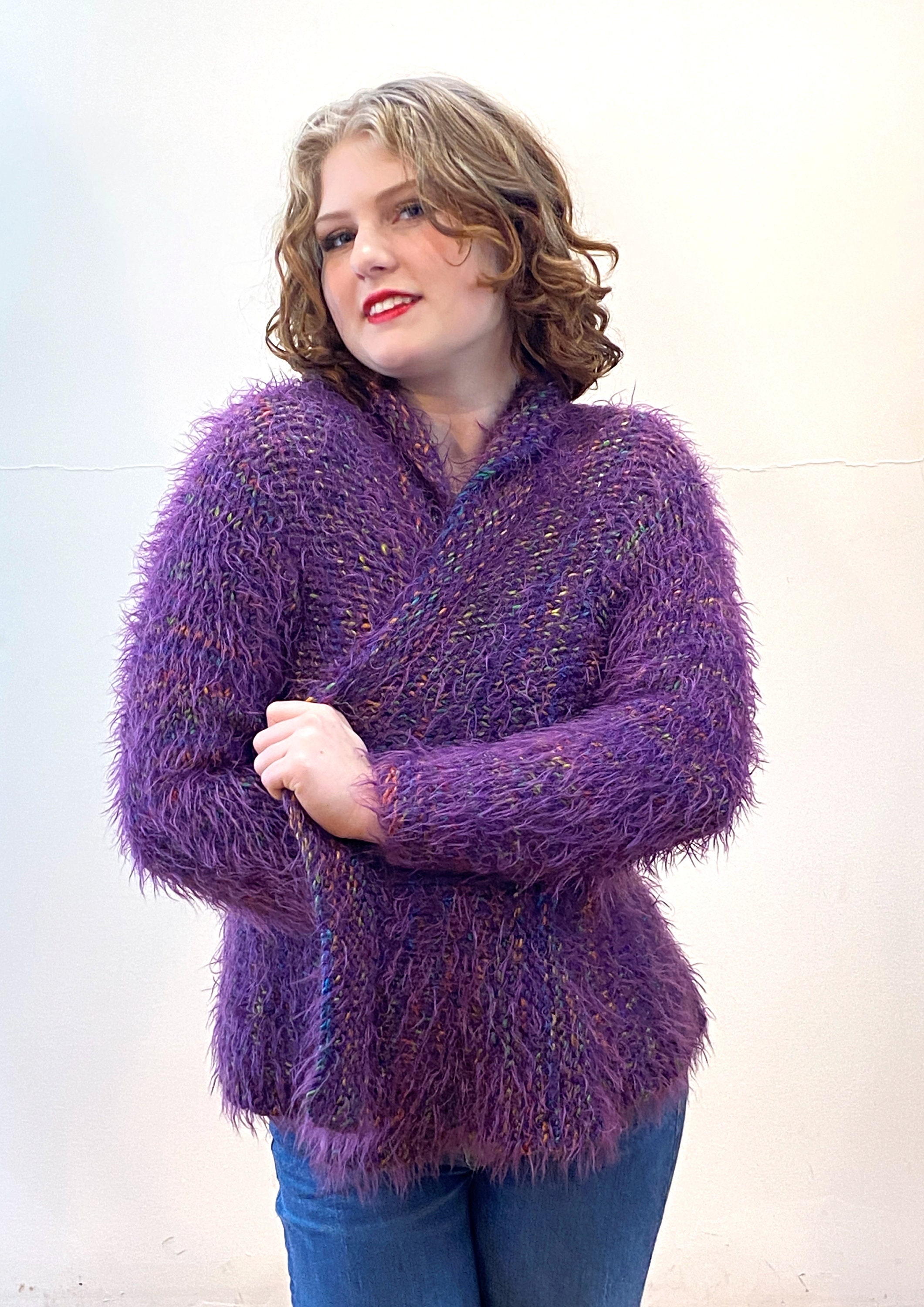90s Purple Mohair Cardigan S, Vintage Flecked Colorful 90s Purple Mohair Cardigan S, Vintage Flecked Colorful