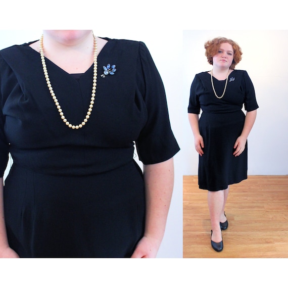 50s Black Cocktail Dress XL, Vintage Plus Size Cu… - image 1