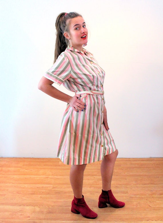 50s Striped Dress L XL, Vintage Pink Cream Olive … - image 2