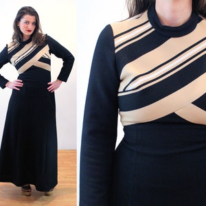70s Mod Maxi Dress S, Vintage Diagonal Striped Black Tan Bold Colorblock &quot;Kay Windsor&quot; Long Retro 1970s Eye Catching Gown, Small