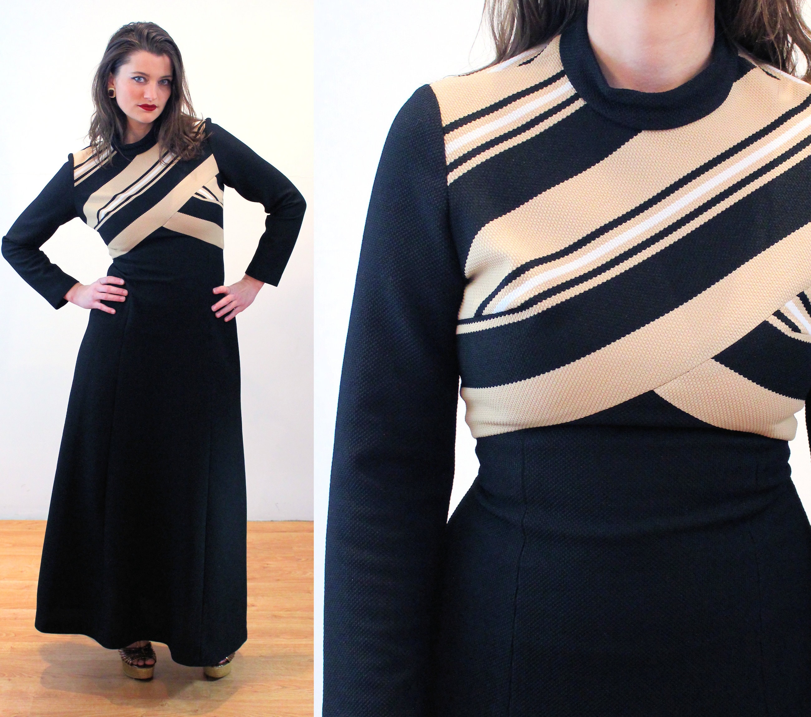 Vintage 70s Maxi Dress in Pink and White Striped, Buttoned