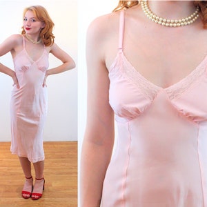 40s Pink Slip 32 XS, Vintage Lace Trim "Spotlight" 1940s Slip Rayon Lingerie Dress, Extra Small