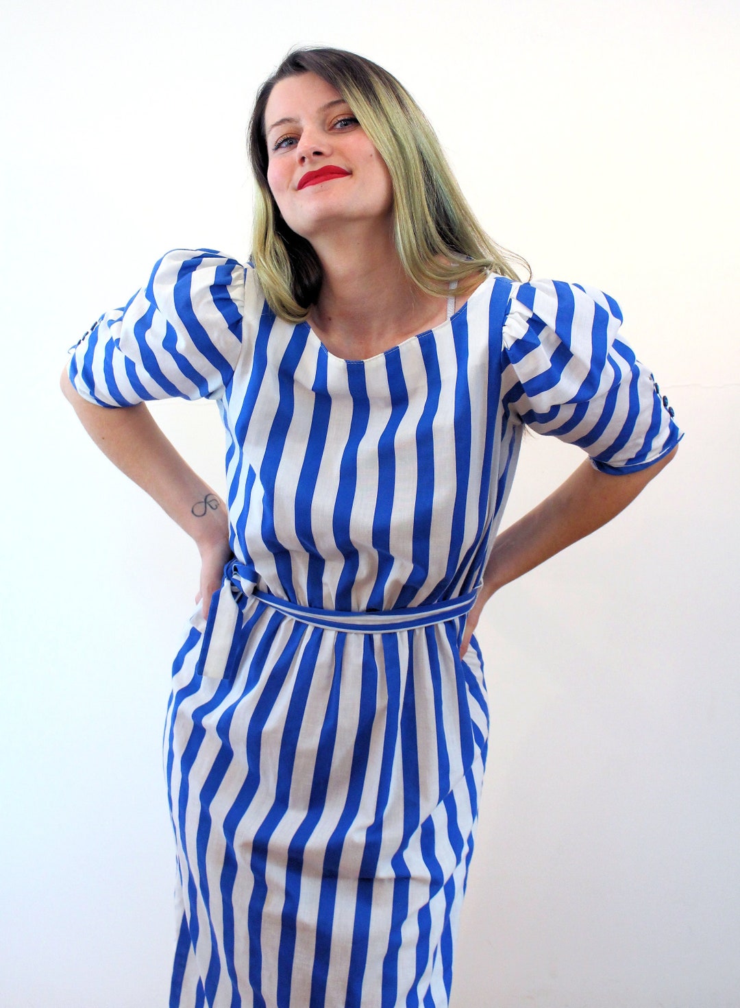 Flenes 80s Filenes Blue & White Striped Dress S, Vintage Nautical Puff ...