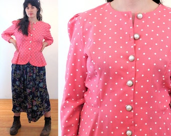 80s Polka Dot Jacket M, Vintage Pink Puff Sleeve Cute Barbiecore "Stuart Alan" Retro Preppy Blazer, Medium