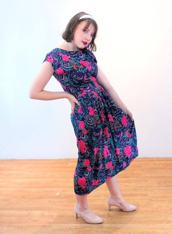 90s Floral Paisley 2 Piece Dress XS, Vintage Purp… - image 2