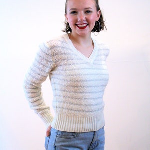 70s White Silver Striped Sweater XS S, Vintage Metallic Sparkly Glam Semi Sheer "Heidi" Retro Nubby V Neck Pullover Jumper, Small