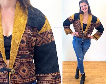 90s Tapestry Jacket M, Vintage Brown Black Southwestern Boho "Flashback" India Cotton Rayon Shawl Collar Patchwork Hippie Blazer, Medium