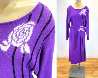 70s Sweater Dress M, Vintage Purple Soft Acrylic Angora Flower Patterned "Lorenzo de Chapell" Hong Kong Knit Dress, Medium