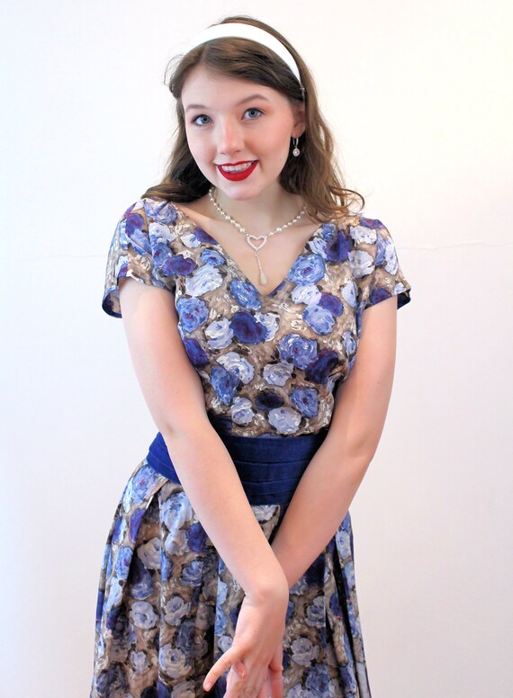 50s Floral Party Dress XS, Vintage Blue Satin Two… - image 5