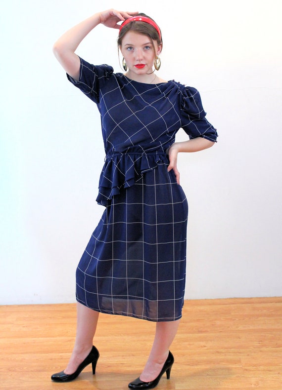 80s Plaid Peplum Dress S, Vintage Navy Blue Semi … - image 4