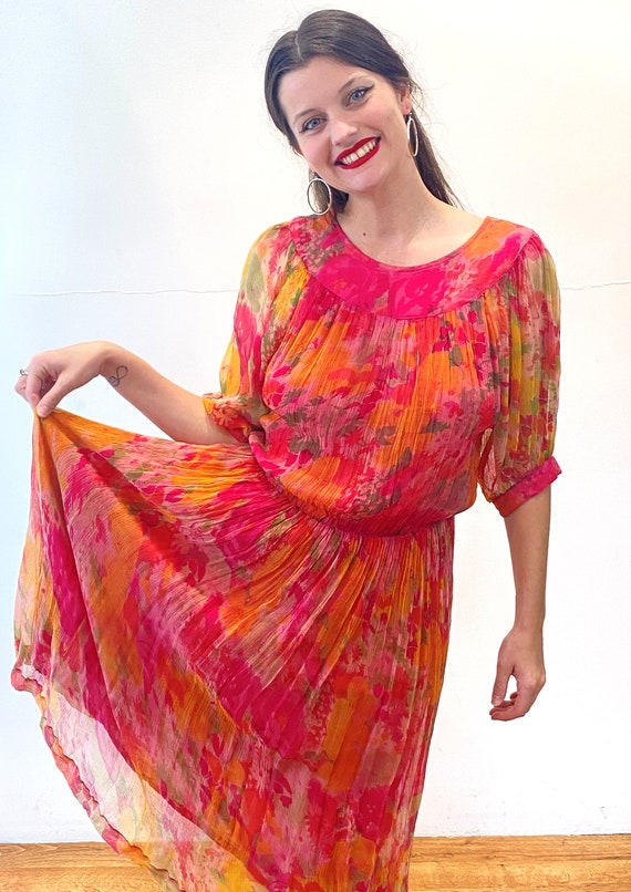 90s Vibrant Chiffon Dress S, Vintage Orange Pink … - image 5