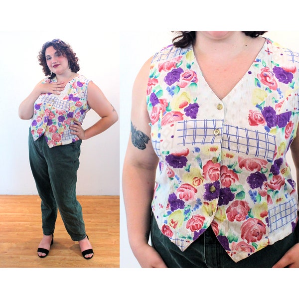 90s Floral Vest L XL, Vintage Tan Purple Plus Size Rayon Gauze "Passports Pier 1 Imports" Boho Button Up V Neck Waistcoat, Extra Large