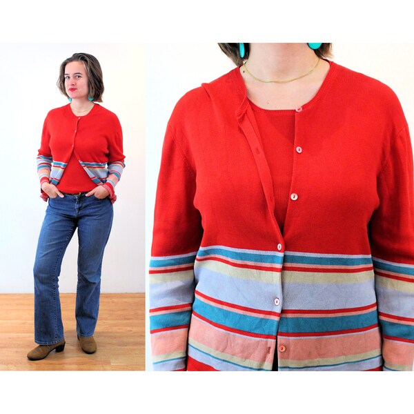 Y2K Neiman Marcus Sweater Set M, Vintage Red Silk Knit Two Piece Sporty Striped Cardigan & Shell Twinset, Medium