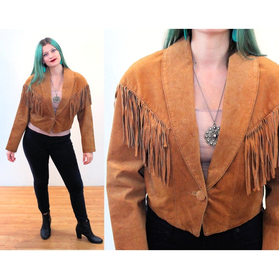 80s Suede Fringed Jacket M, Vintage Brown Western… - image 1