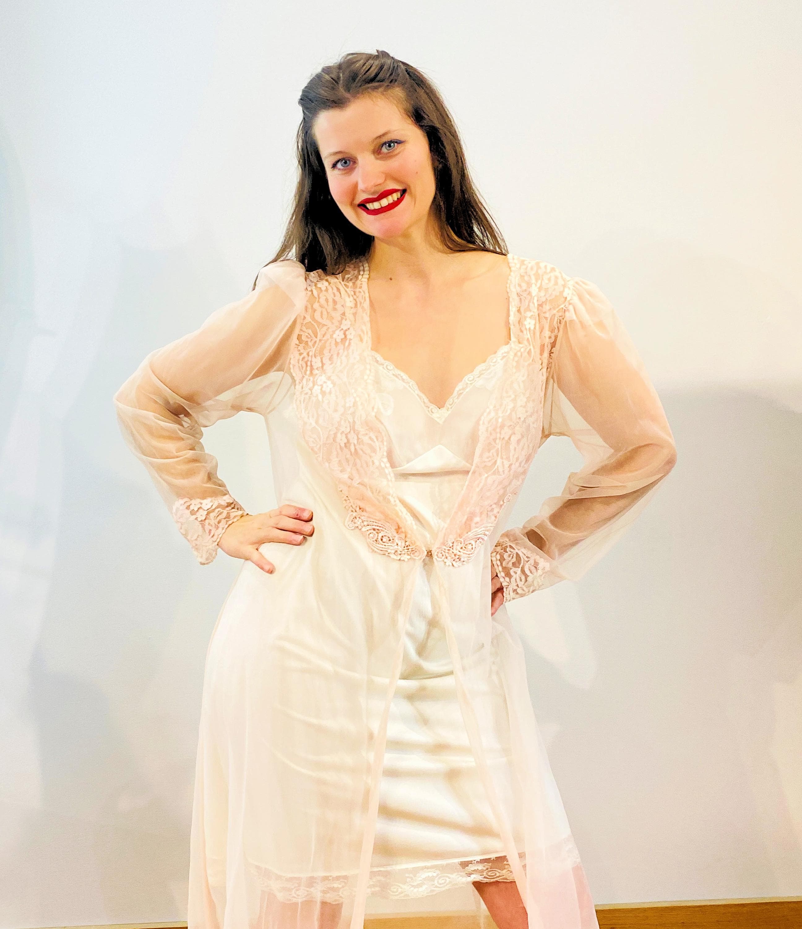 80s Val Mode Peach Peignoir Robe M, Vintage Sheer Chiffon Lace 