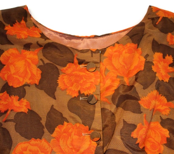 60s Autumn Floral Dress S, Vintage Orange Brown P… - image 6