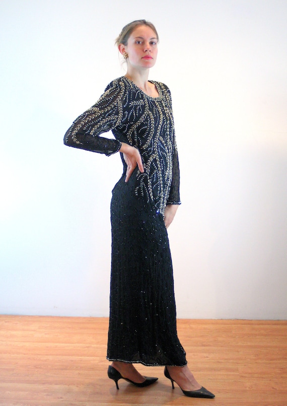 80s Silk Beaded Dress M, Vintage Black Sequin Pea… - image 2