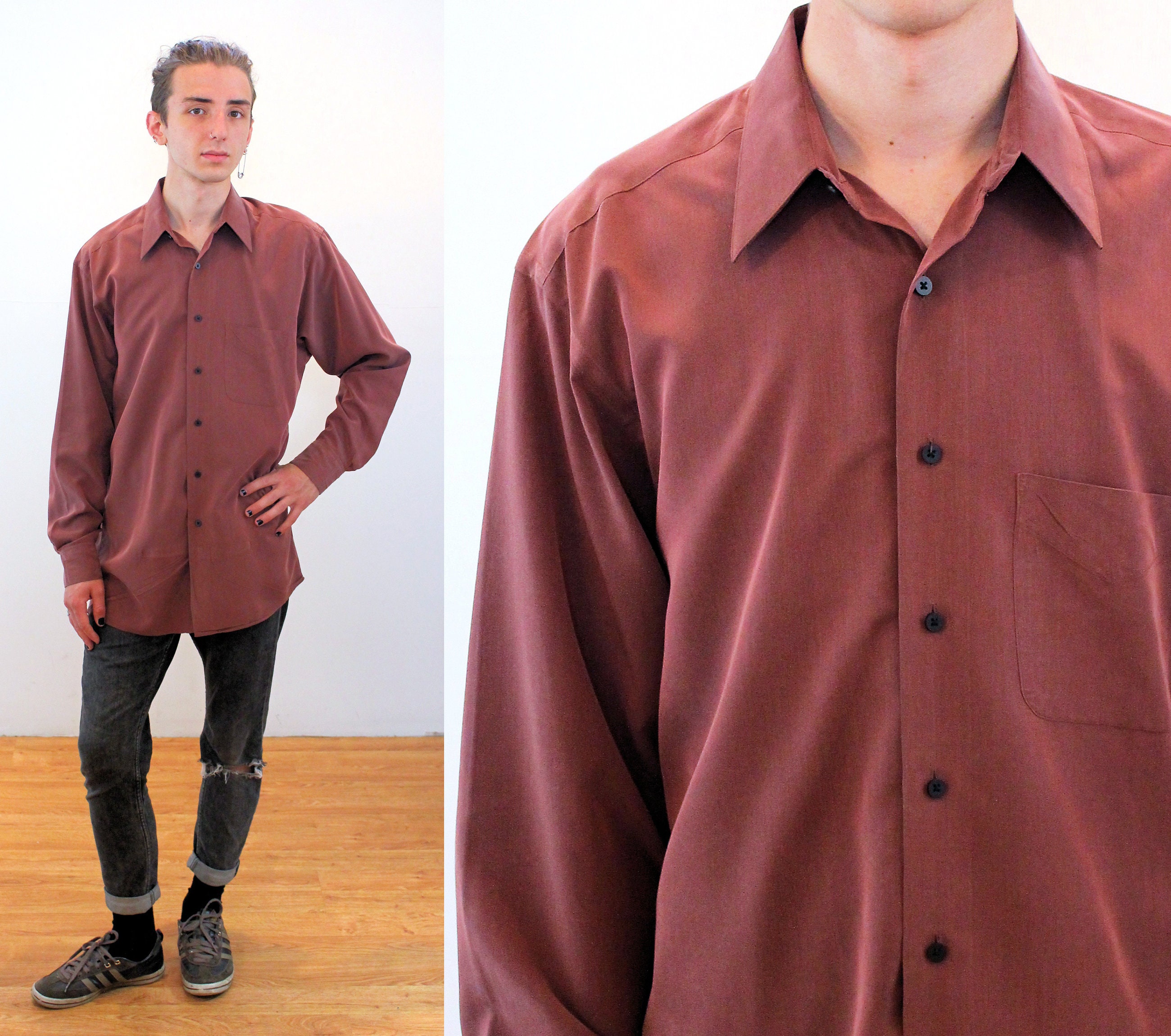 90s Geoffrey Beene Dress Shirt M, Vintage Rust Wine Brown