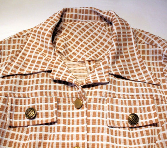 70s Mod Checkered Blazer M, Vintage Tan White Gri… - image 7