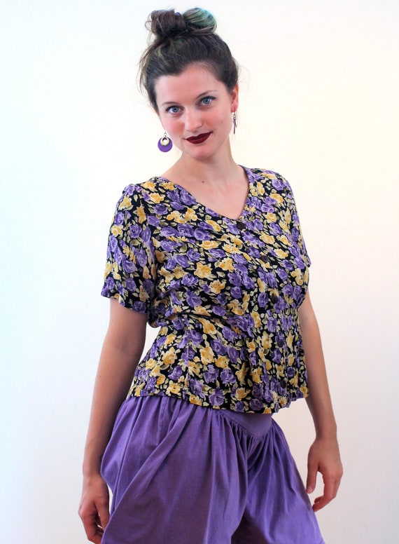 90s "Putumayo" India Blouse S, Vintage Purple Flo… - image 2