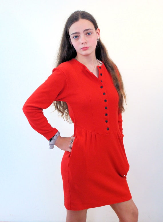 80s Red Jersey Dress XS Vintage Sporty Basic knit Collections Soft Cotton Blend Button up Henley Mini Dress With Pockets Extra Small Etsy
